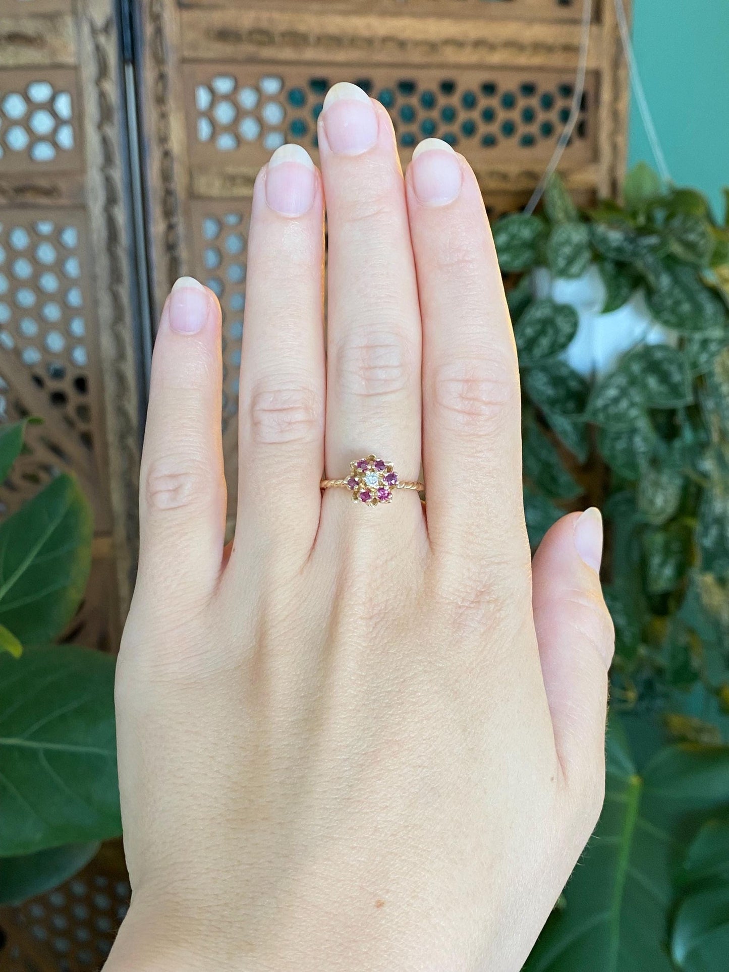 Vintage Solid 14k Yellow Gold Pink Sapphire Halo Diamond Flower Ring - Size 6.25