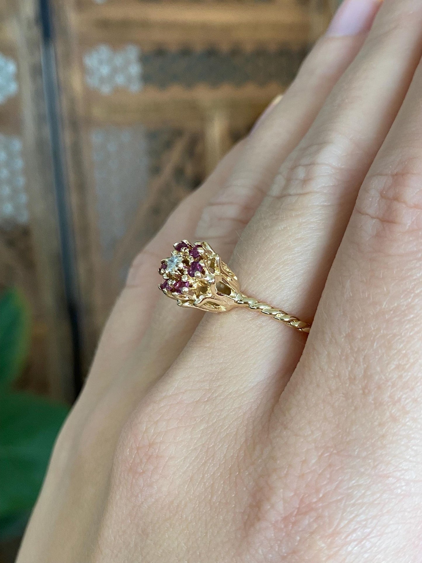 Vintage Solid 14k Yellow Gold Pink Sapphire Halo Diamond Flower Ring - Size 6.25