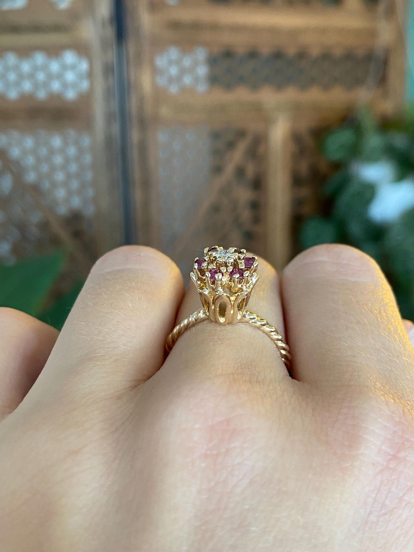 Vintage Solid 14k Yellow Gold Pink Sapphire Halo Diamond Flower Ring - Size 6.25