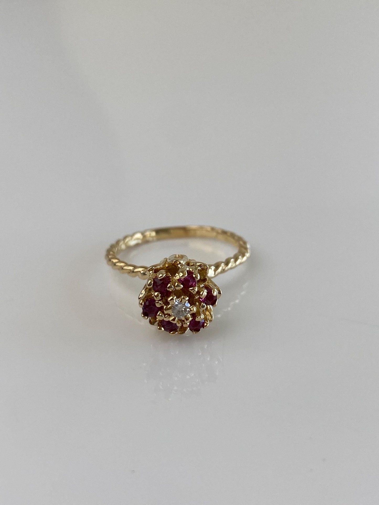Vintage Solid 14k Yellow Gold Pink Sapphire Halo Diamond Flower Ring - Size 6.25