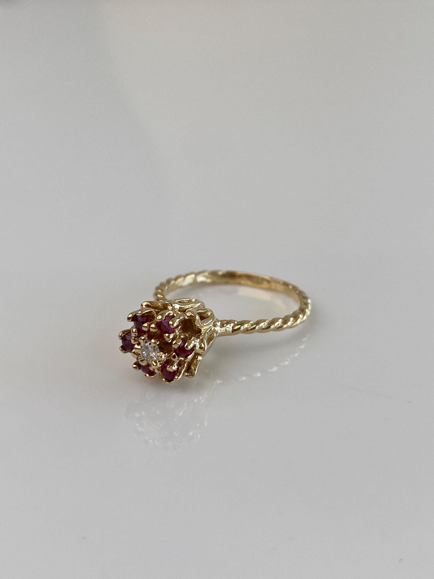 Vintage Solid 14k Yellow Gold Pink Sapphire Halo Diamond Flower Ring - Size 6.25
