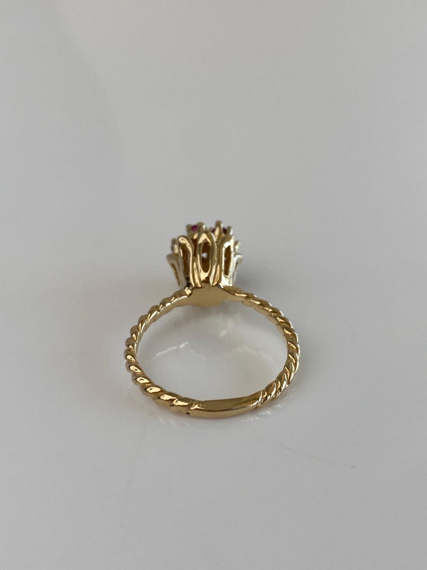 Vintage Solid 14k Yellow Gold Pink Sapphire Halo Diamond Flower Ring - Size 6.25