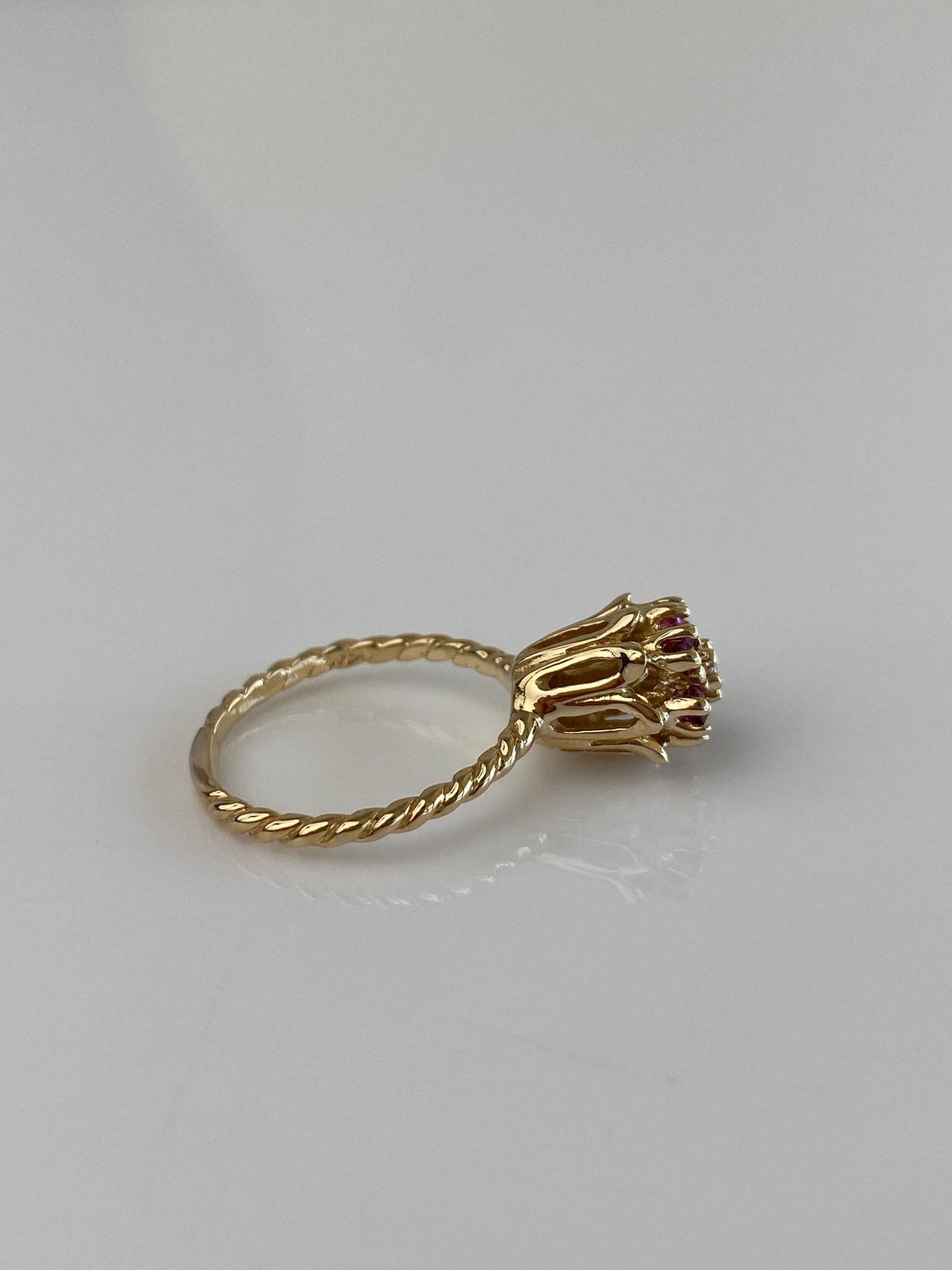 Vintage Solid 14k Yellow Gold Pink Sapphire Halo Diamond Flower Ring - Size 6.25