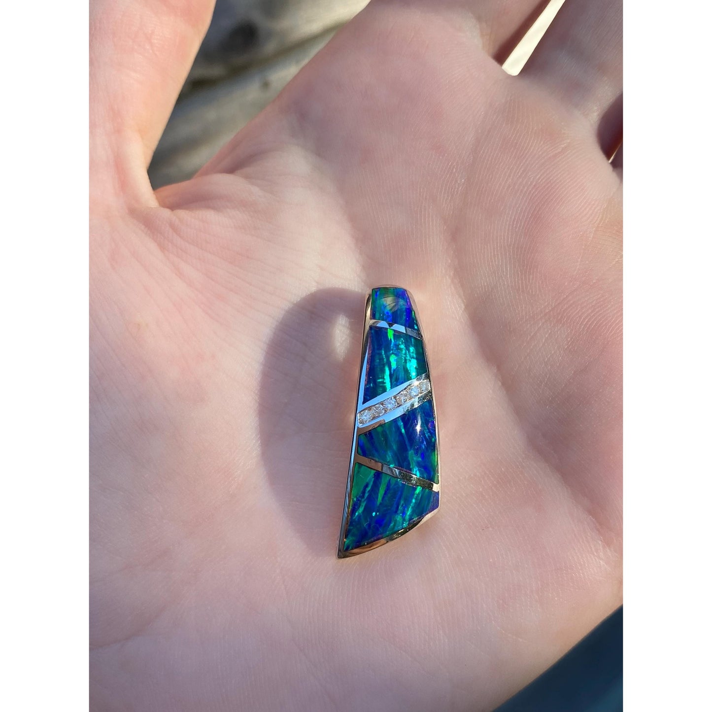 Solid 14k White Gold Diamond Opal Inlay Slide Charm