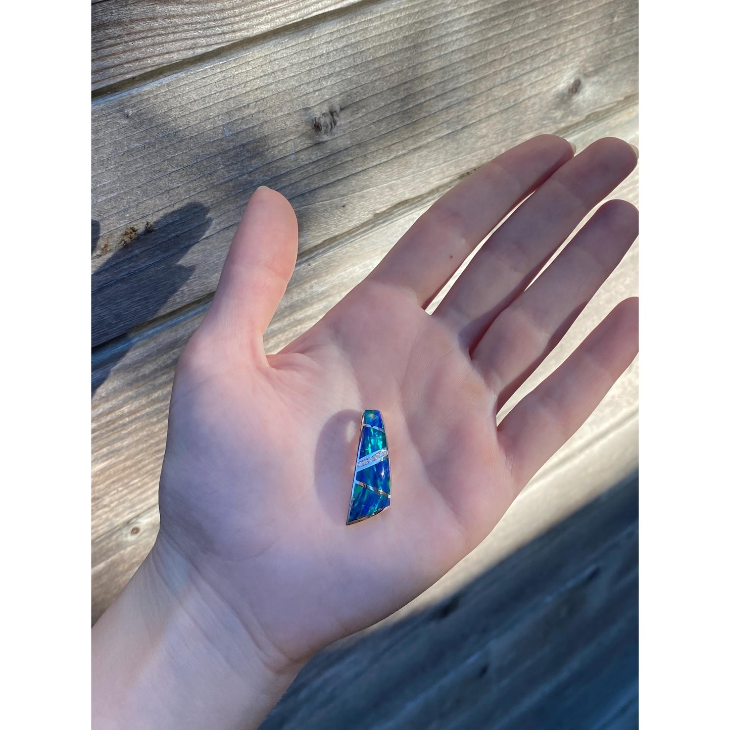 Solid 14k White Gold Diamond Opal Inlay Slide Charm