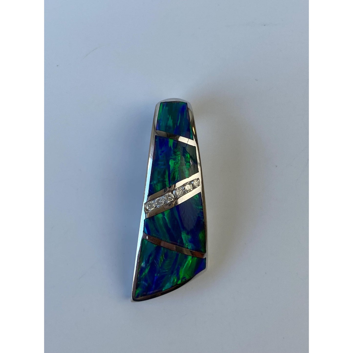 Solid 14k White Gold Diamond Opal Inlay Slide Charm