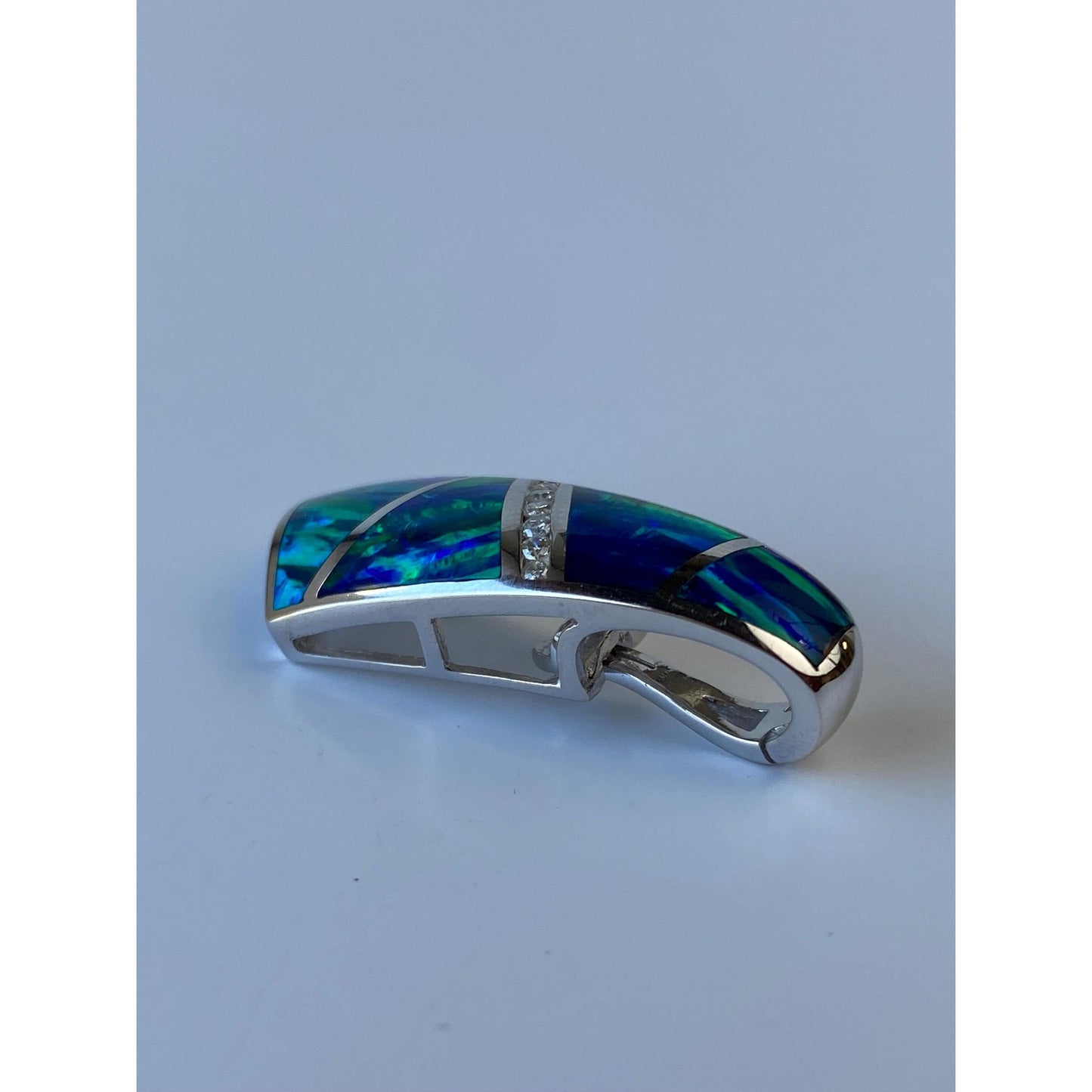 Solid 14k White Gold Diamond Opal Inlay Slide Charm