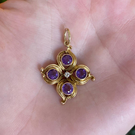 Vintage Solid 14k Yellow Gold Diamond Amethyst Charm