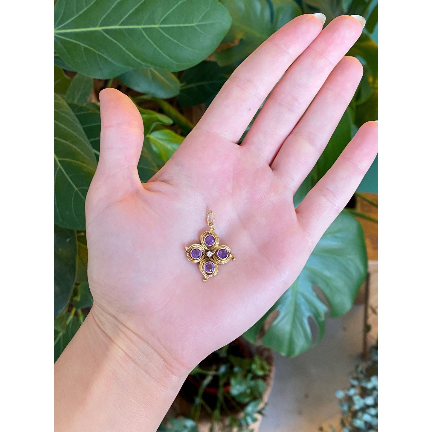 Vintage Solid 14k Yellow Gold Diamond Amethyst Charm