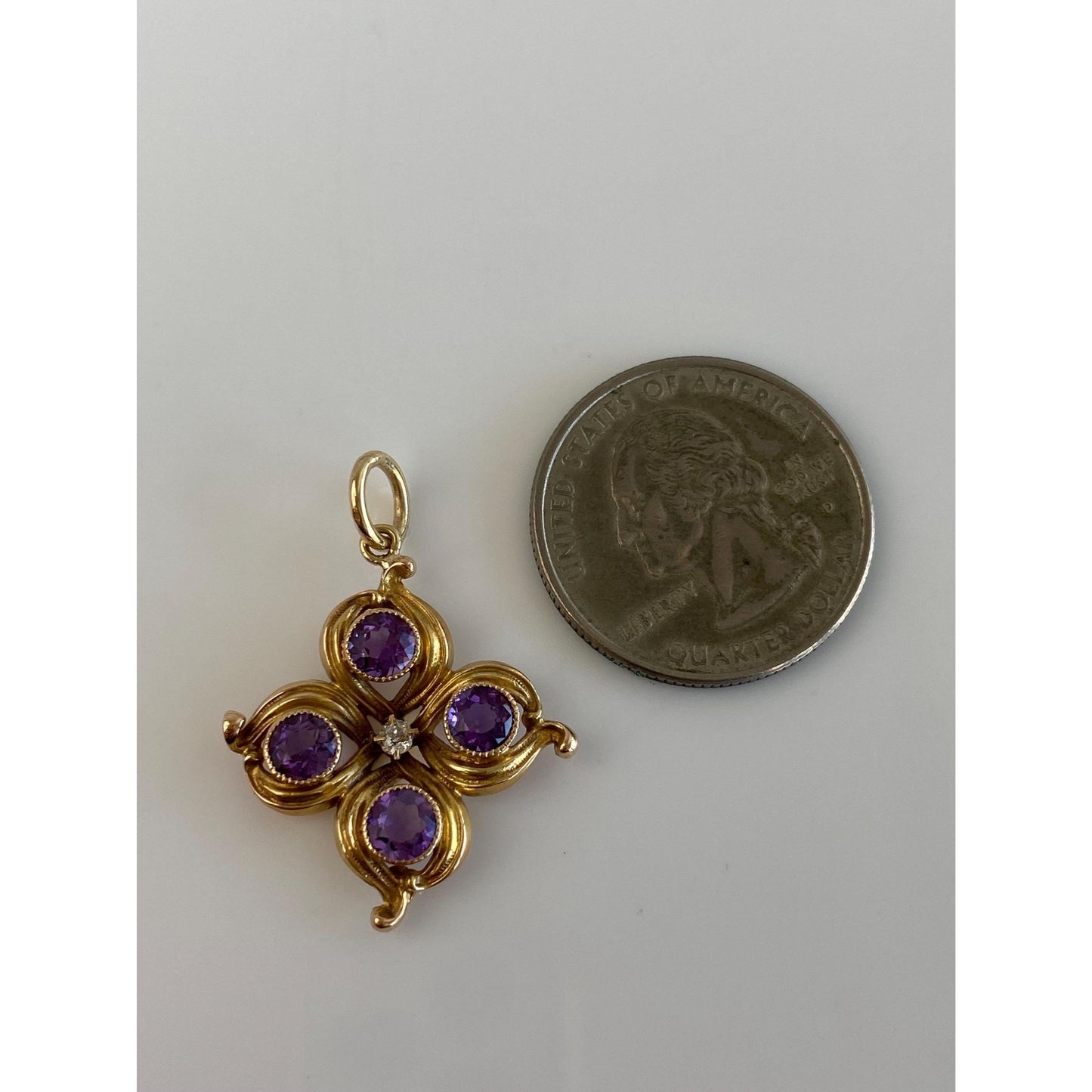 Vintage Solid 14k Yellow Gold Diamond Amethyst Charm