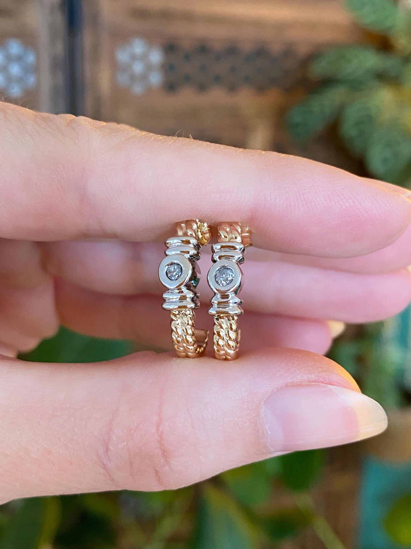 Vintage Solid 14k White & Yellow Gold Diamond Drop Earrings