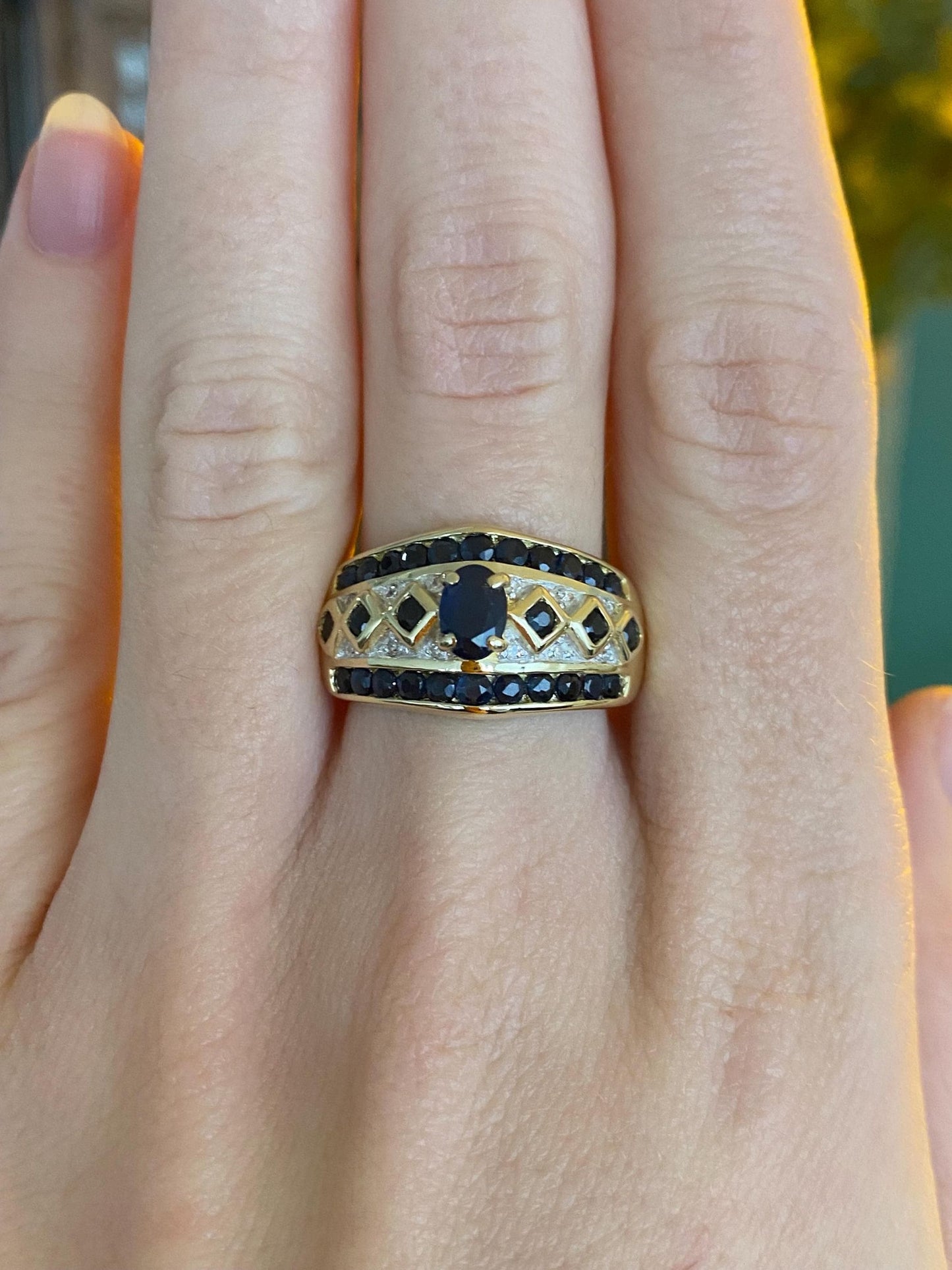 Vintage Solid 14k Yellow Gold Diamond Blue Sapphire Ring Band - Size 7.75