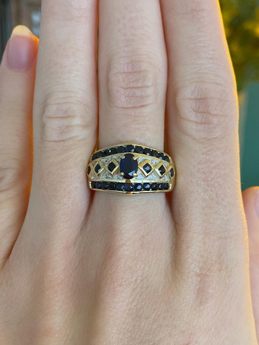 Vintage Solid 14k Yellow Gold Diamond Blue Sapphire Ring Band - Size 7.75