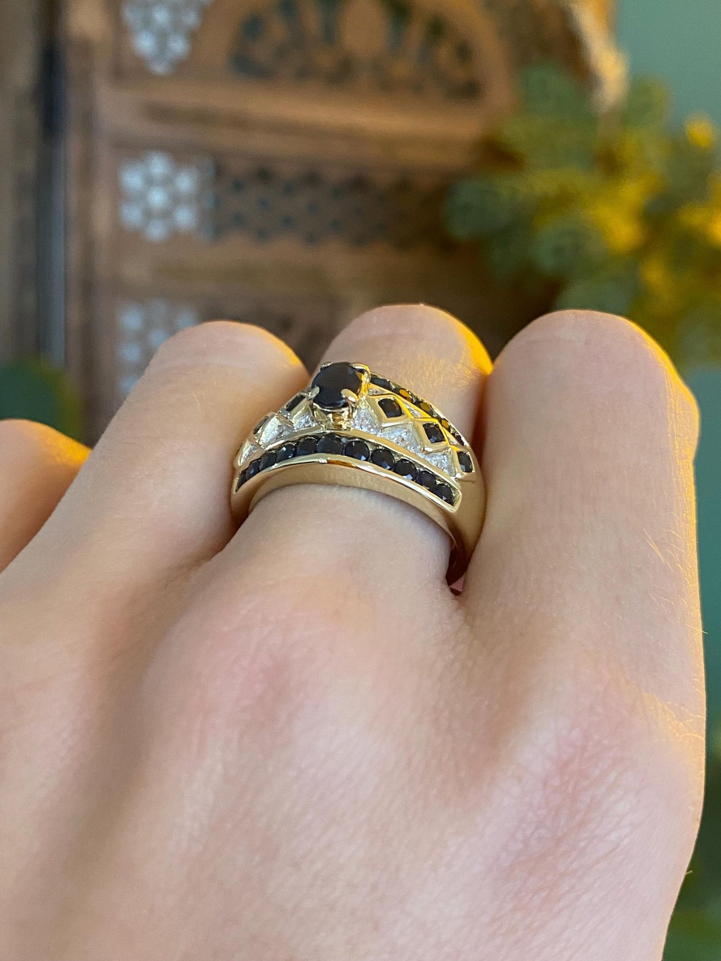 Vintage Solid 14k Yellow Gold Diamond Blue Sapphire Ring Band - Size 7.75