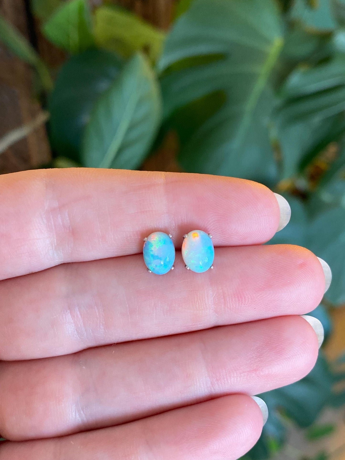 Vintage Solid 14k White Gold Opal Stud Earrings