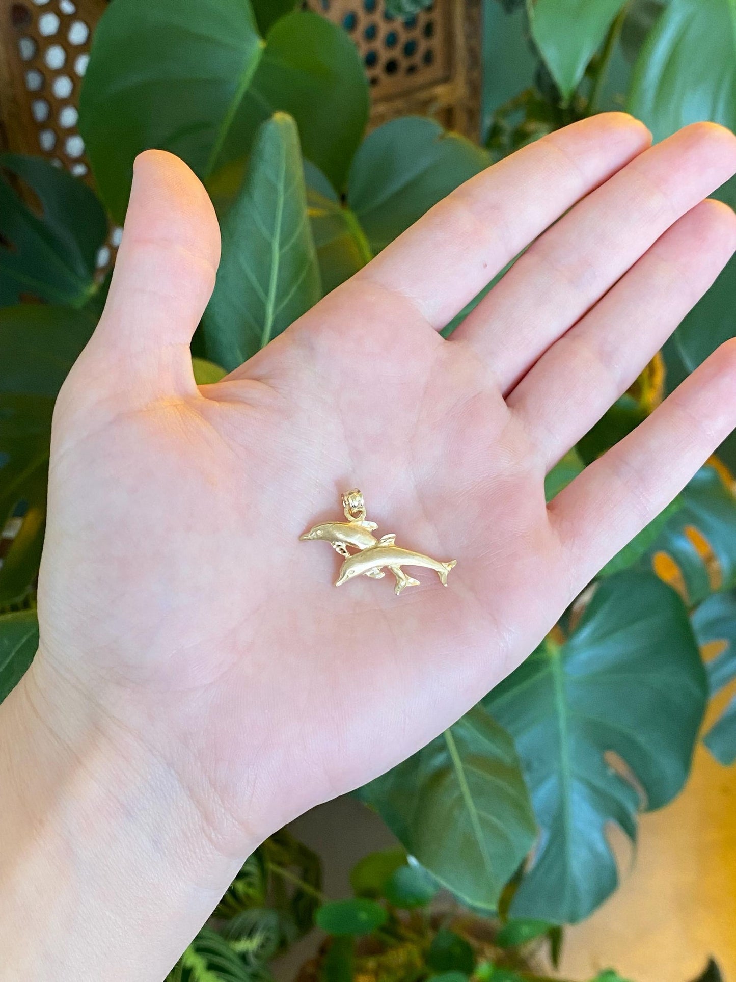 Vintage Solid 14k Yellow Gold Diamond Cut Dolphins Charm