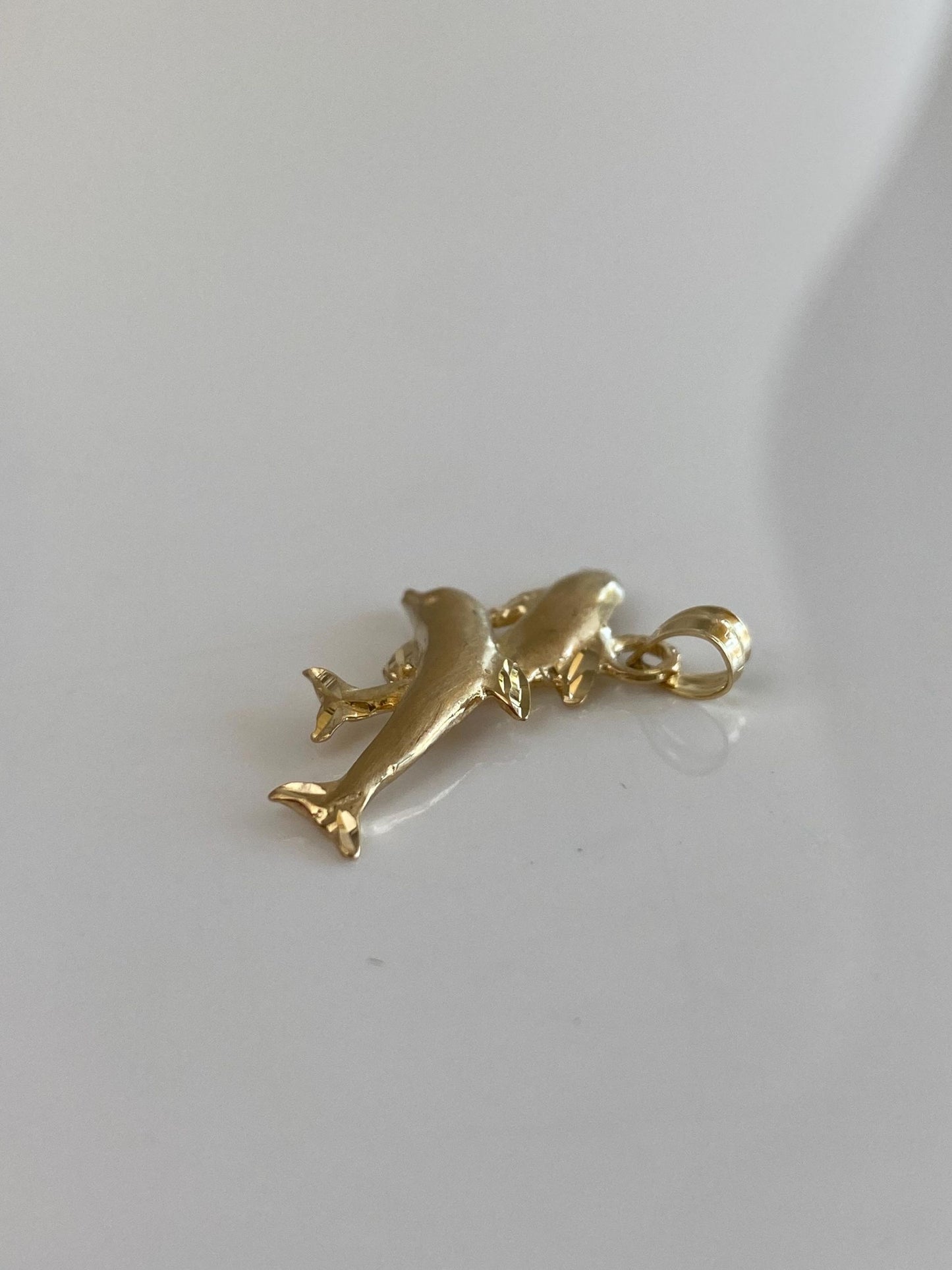 Vintage Solid 14k Yellow Gold Diamond Cut Dolphins Charm