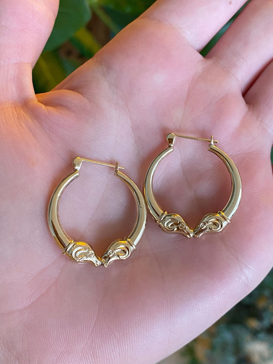 Vintage 14k Yellow Gold Ram Head Hoop Earrings