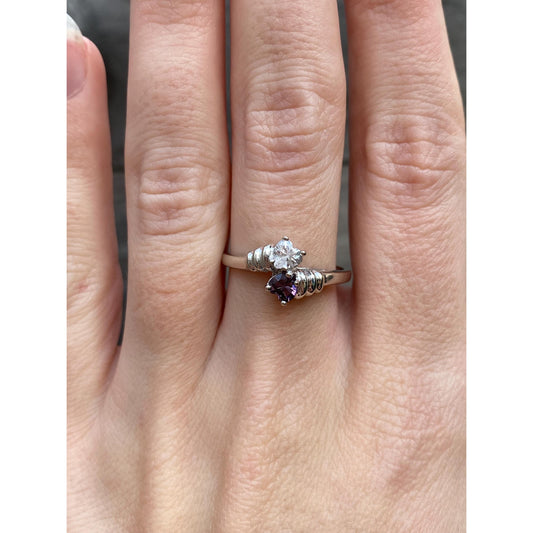 Vintage Solid 10k White Gold Amethyst Clear Cubic Zirconia Twist Ring - Size 7.75