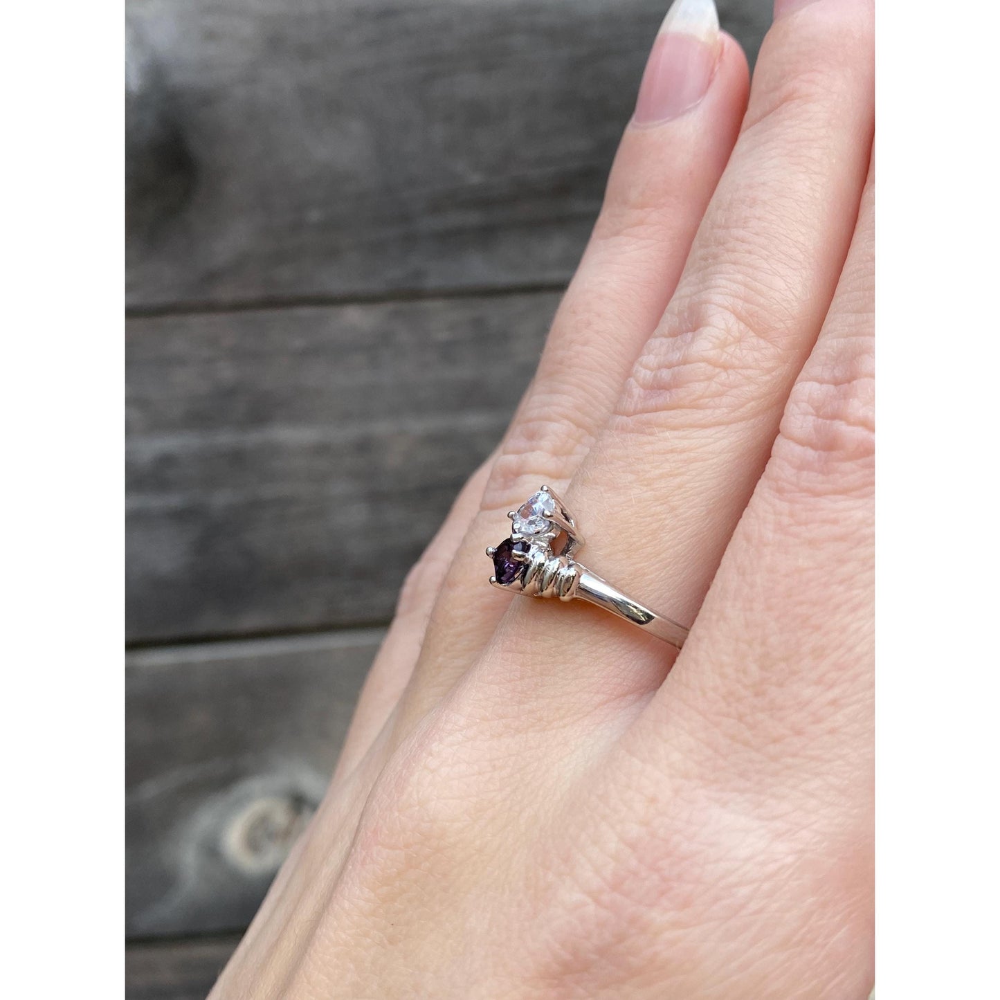 Vintage Solid 10k White Gold Amethyst Clear Cubic Zirconia Twist Ring - Size 7.75