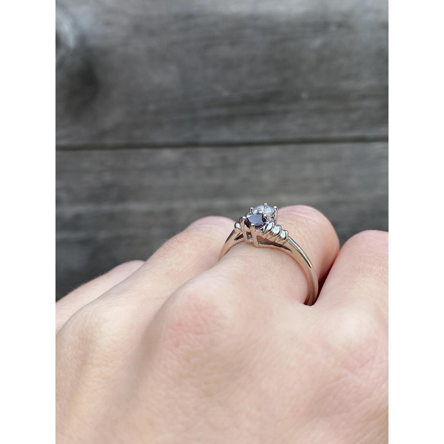 Vintage Solid 10k White Gold Amethyst Clear Cubic Zirconia Twist Ring - Size 7.75