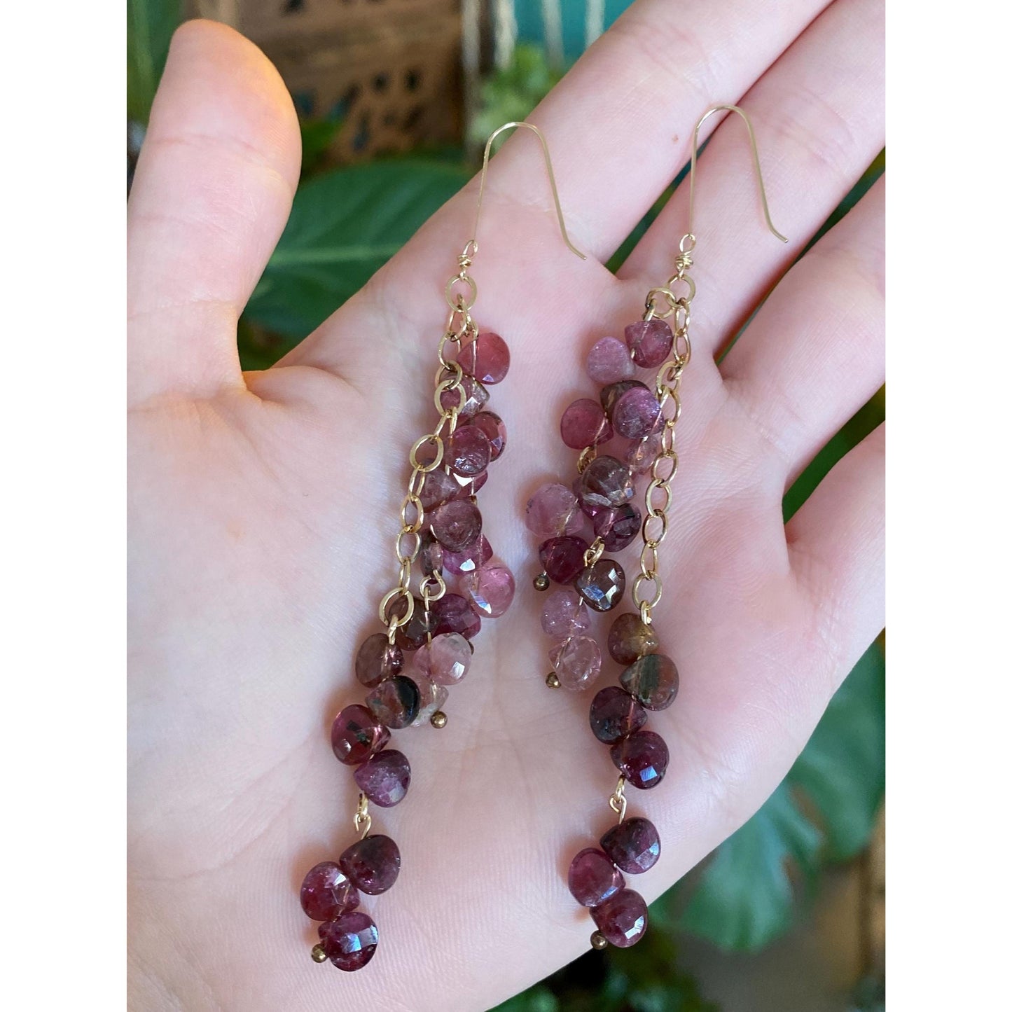 Vintage Solid 14k Yellow Gold Pink Tourmaline Bead Dangle Earrings