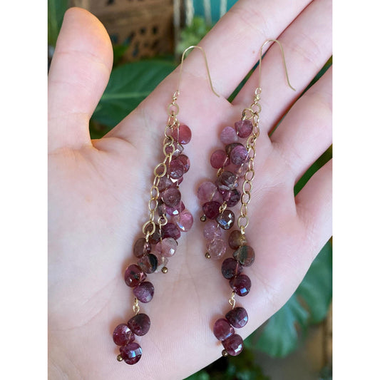 Vintage Solid 14k Yellow Gold Pink Tourmaline Bead Dangle Earrings