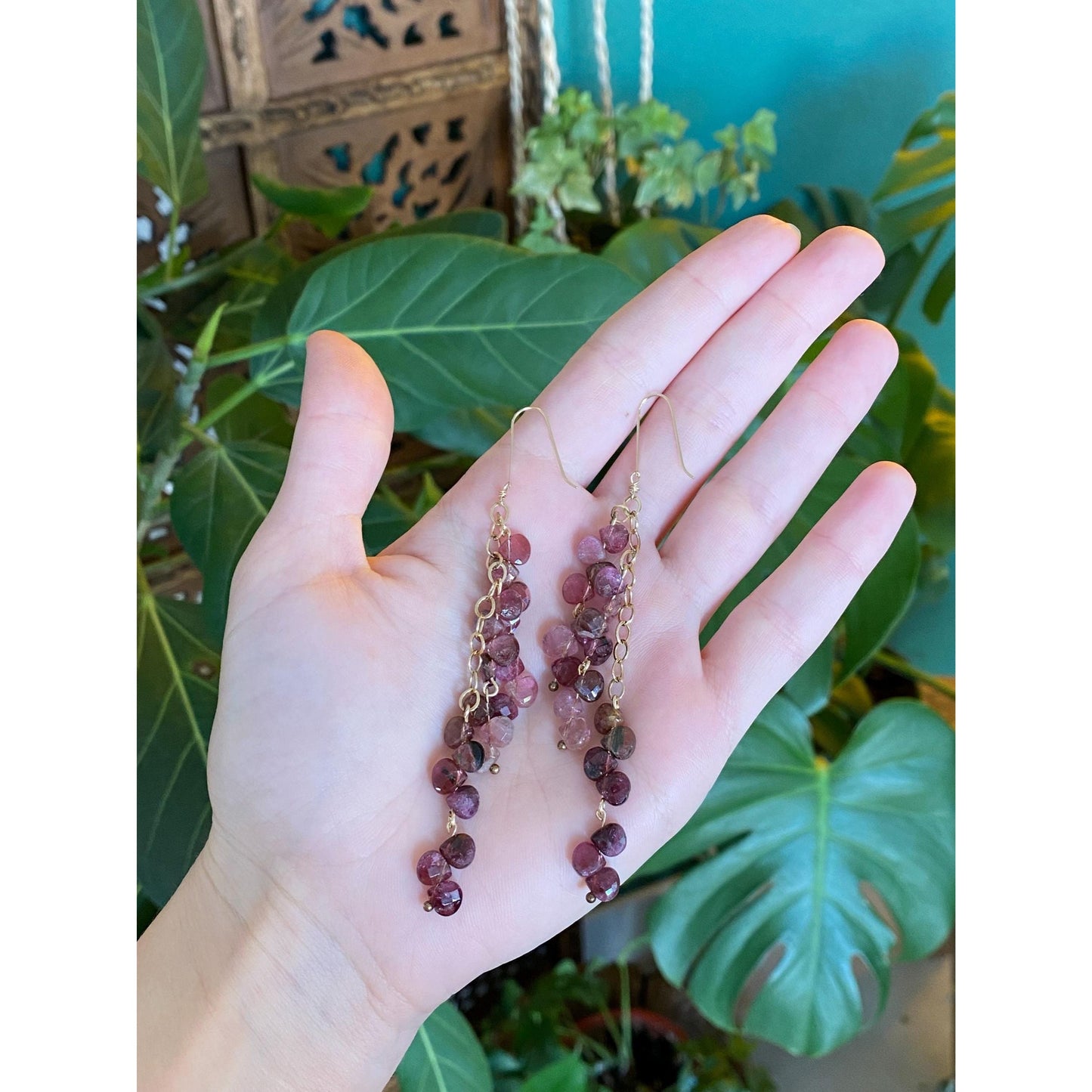 Vintage Solid 14k Yellow Gold Pink Tourmaline Bead Dangle Earrings