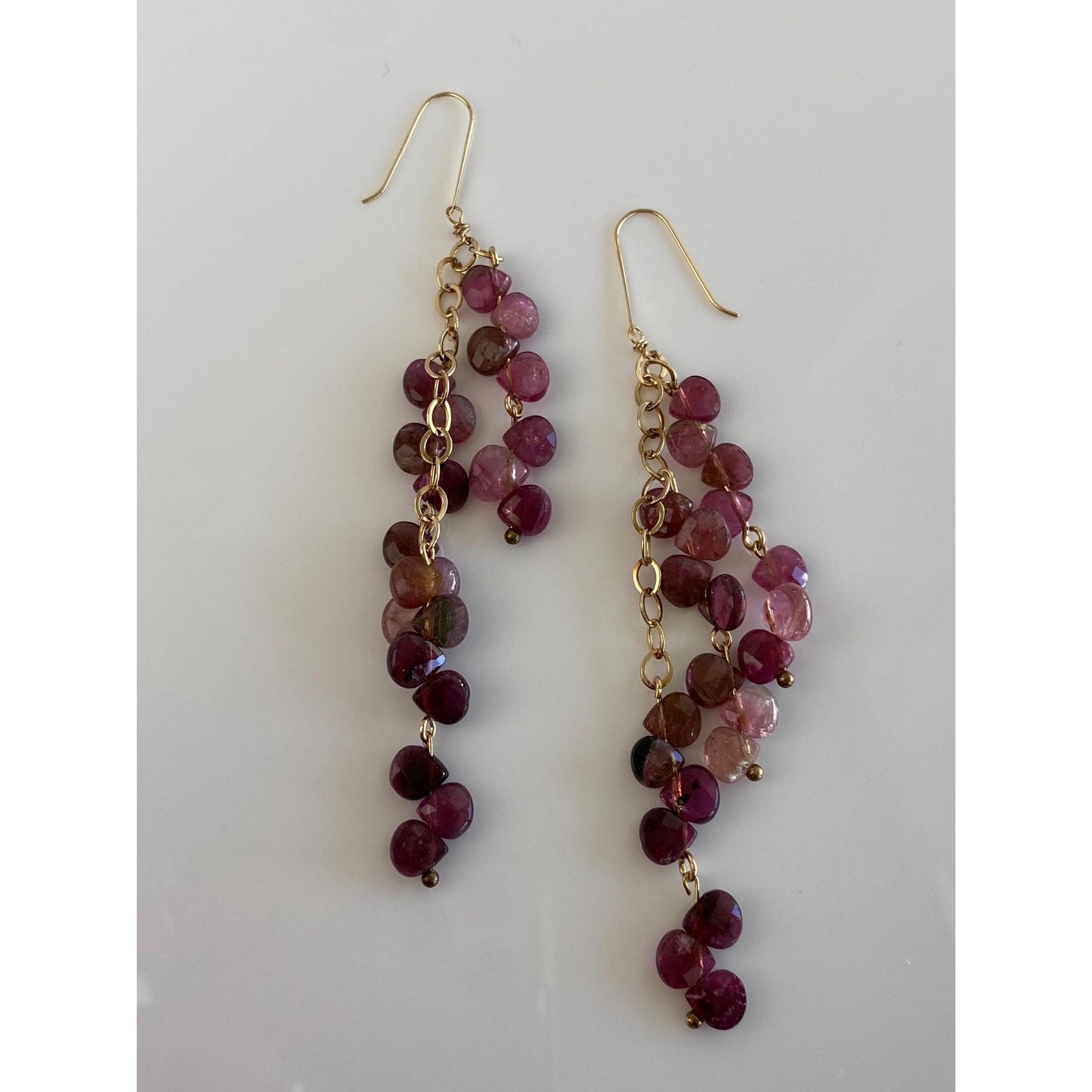 Vintage Solid 14k Yellow Gold Pink Tourmaline Bead Dangle Earrings