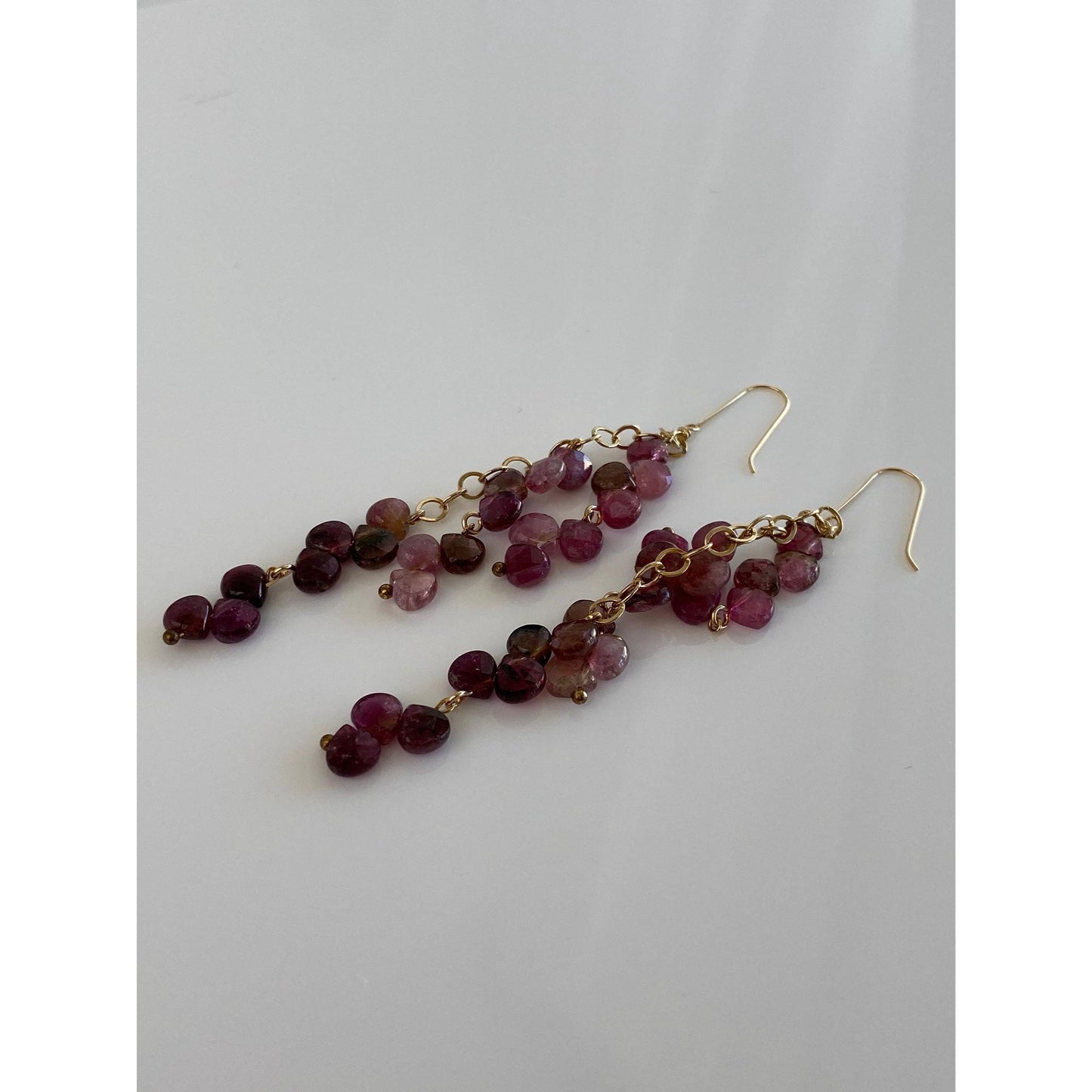 Vintage Solid 14k Yellow Gold Pink Tourmaline Bead Dangle Earrings