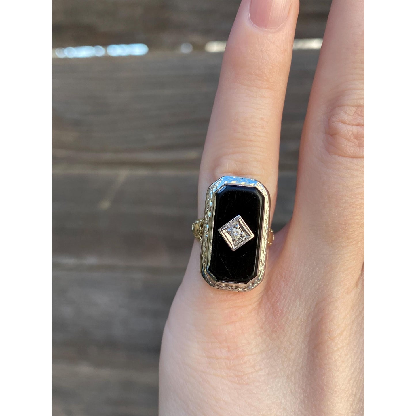 Vintage Solid 14k White & Yellow Gold Onyx Clear Sapphire Art Deco Ring - Size 3.75
