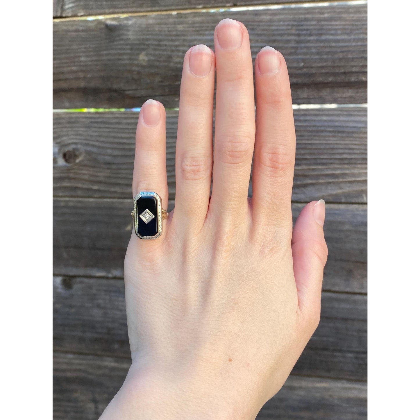 Vintage Solid 14k White & Yellow Gold Onyx Clear Sapphire Art Deco Ring - Size 3.75