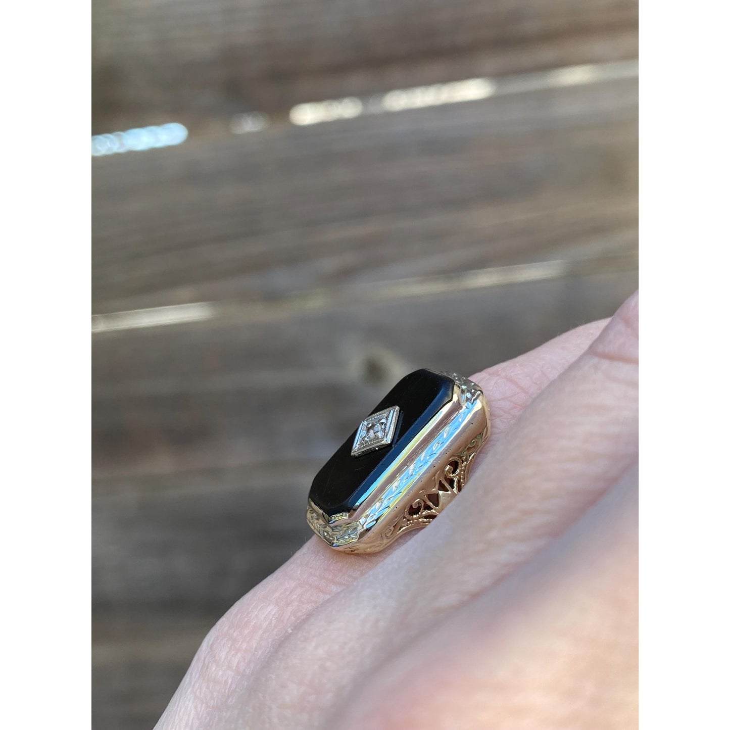 Vintage Solid 14k White & Yellow Gold Onyx Clear Sapphire Art Deco Ring - Size 3.75