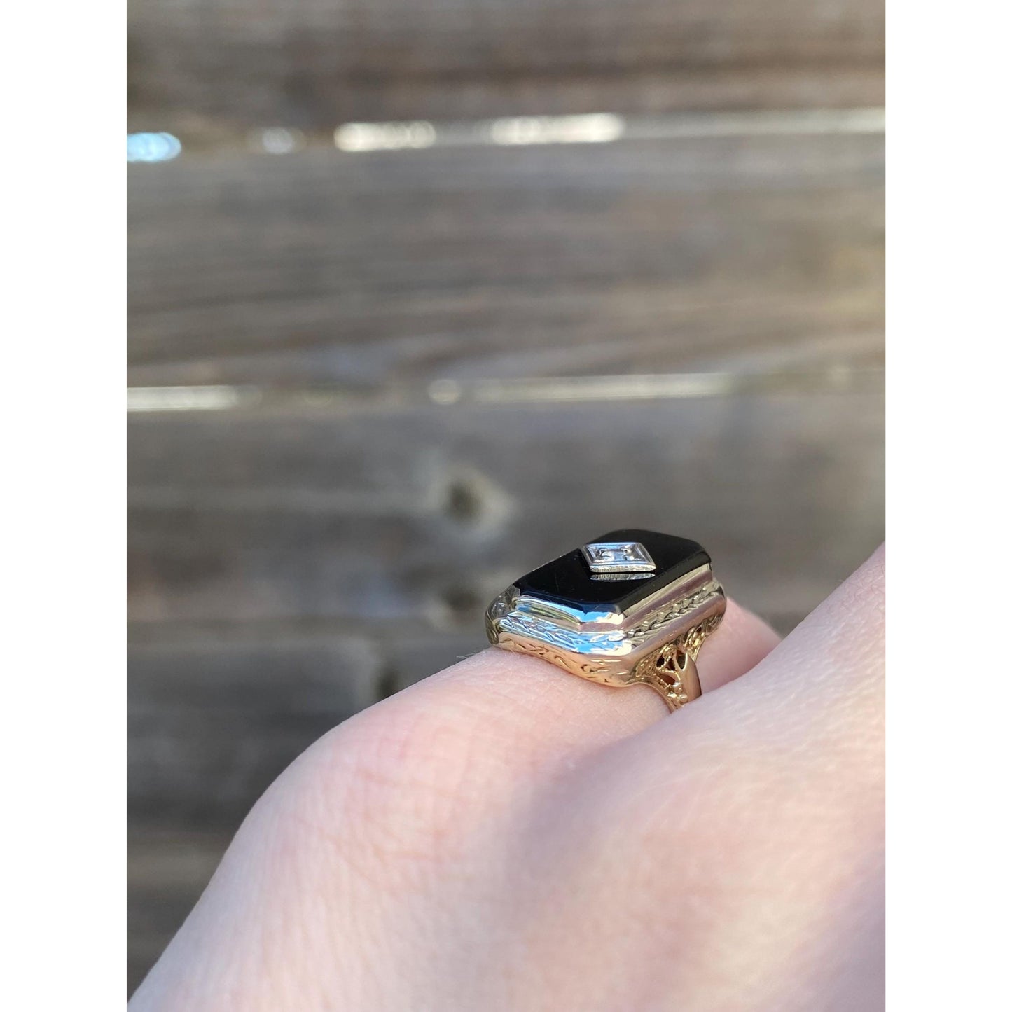 Vintage Solid 14k White & Yellow Gold Onyx Clear Sapphire Art Deco Ring - Size 3.75