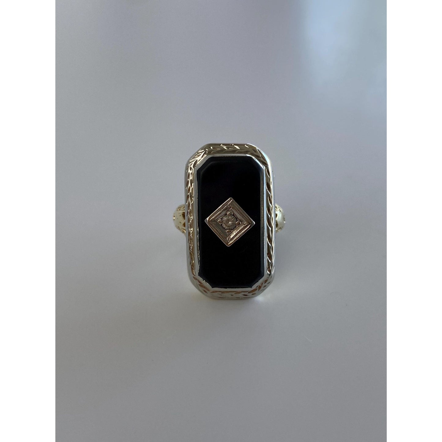 Vintage Solid 14k White & Yellow Gold Onyx Clear Sapphire Art Deco Ring - Size 3.75