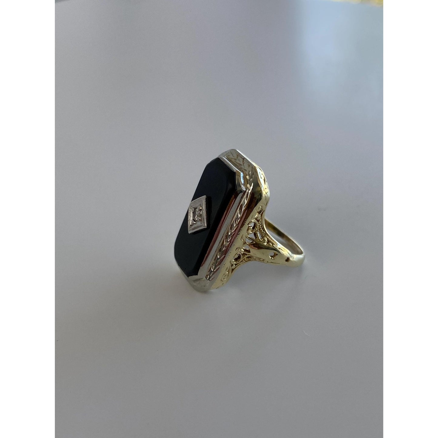 Vintage Solid 14k White & Yellow Gold Onyx Clear Sapphire Art Deco Ring - Size 3.75