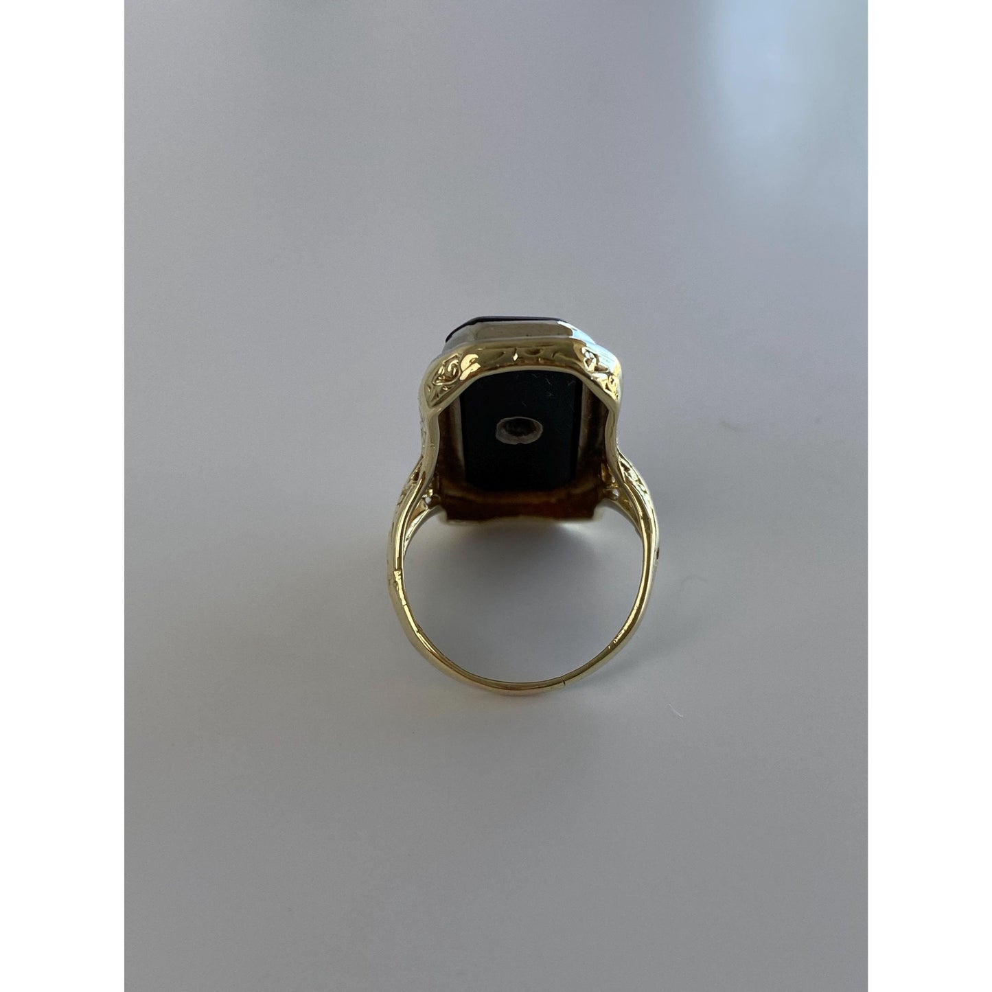 Vintage Solid 14k White & Yellow Gold Onyx Clear Sapphire Art Deco Ring - Size 3.75