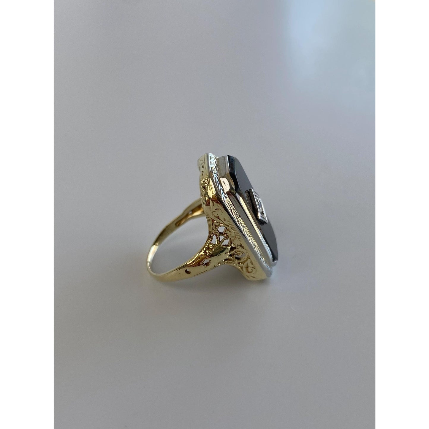 Vintage Solid 14k White & Yellow Gold Onyx Clear Sapphire Art Deco Ring - Size 3.75