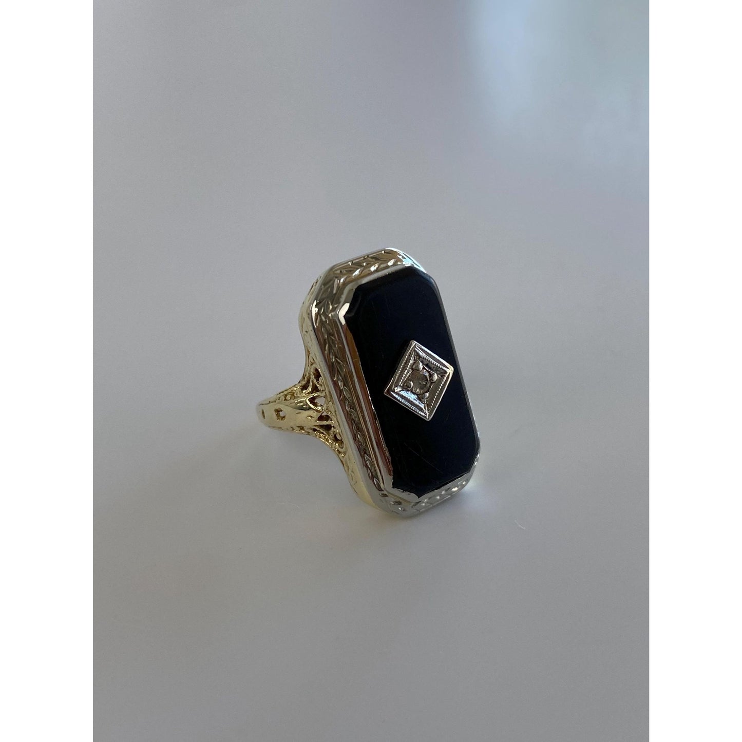 Vintage Solid 14k White & Yellow Gold Onyx Clear Sapphire Art Deco Ring - Size 3.75