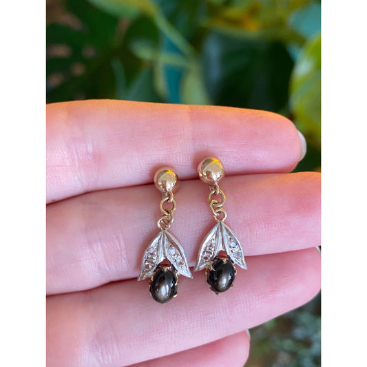 Vintage Solid 9k Yellow Gold Star Sapphire Clear Quartz Dangle Stud Earrings