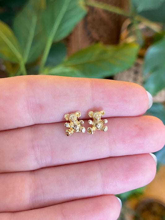 Vintage Solid 14k Yellow Gold Teddy Bear Stud Earrings