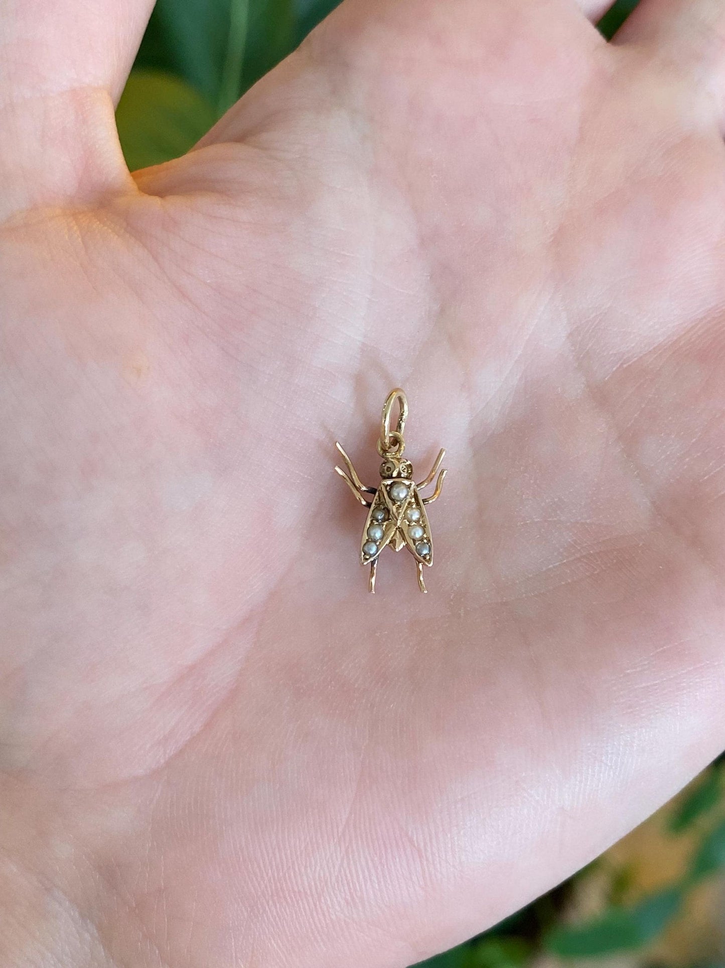 Vintage Solid 14k Yellow Gold Seed Pearl Fly Charm