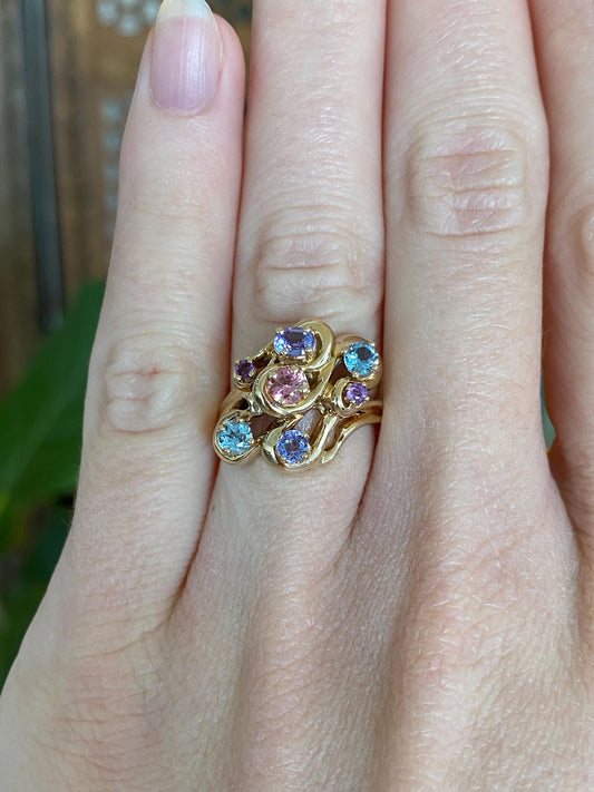 Vintage Solid 14k Yellow Gold Aquamarine Amethyst Pink Quartz Tanzanite Ring - Size 4.5