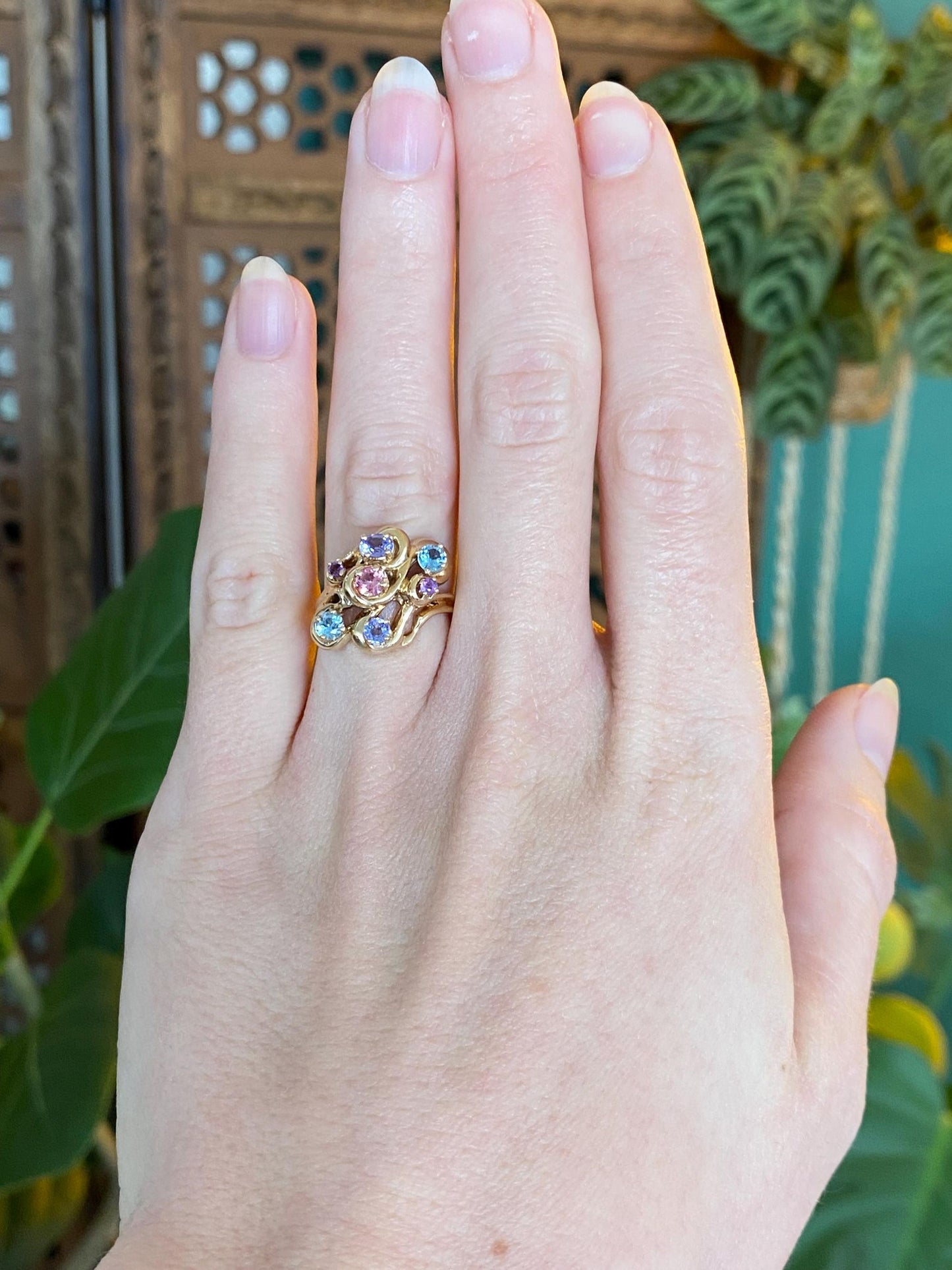 Vintage Solid 14k Yellow Gold Aquamarine Amethyst Pink Quartz Tanzanite Ring - Size 4.5