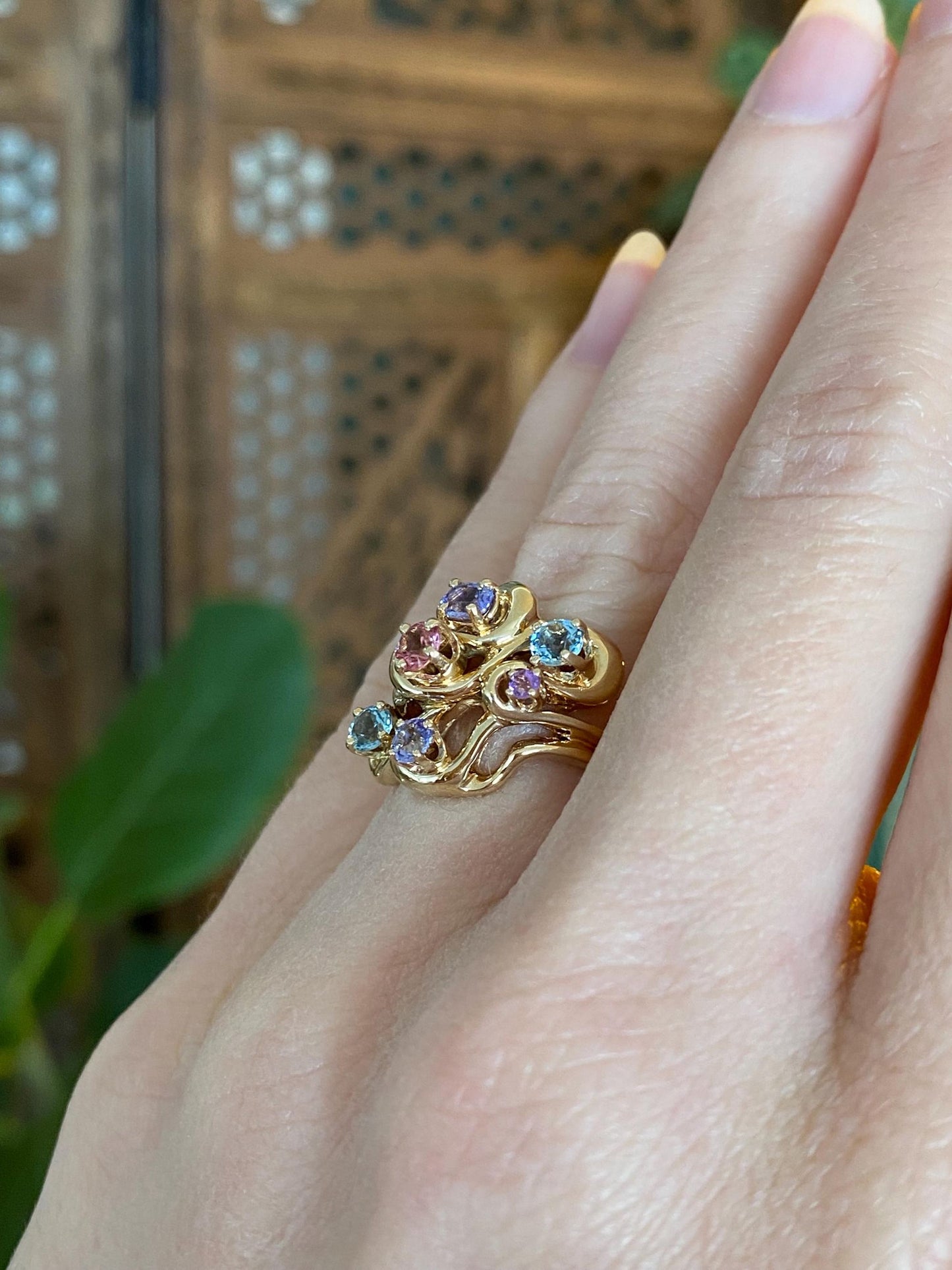 Vintage Solid 14k Yellow Gold Aquamarine Amethyst Pink Quartz Tanzanite Ring - Size 4.5