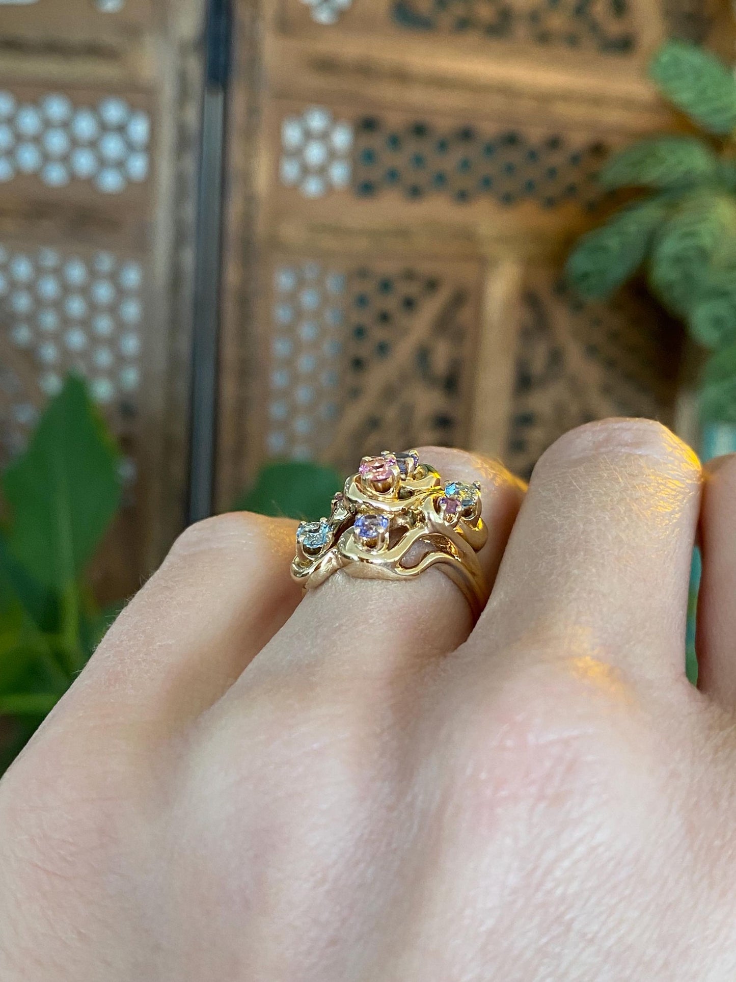 Vintage Solid 14k Yellow Gold Aquamarine Amethyst Pink Quartz Tanzanite Ring - Size 4.5
