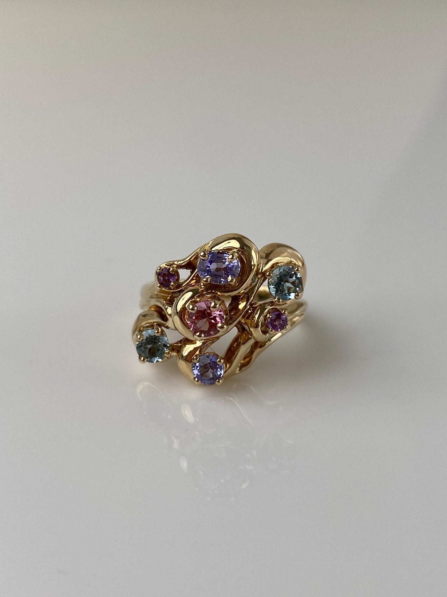 Vintage Solid 14k Yellow Gold Aquamarine Amethyst Pink Quartz Tanzanite Ring - Size 4.5