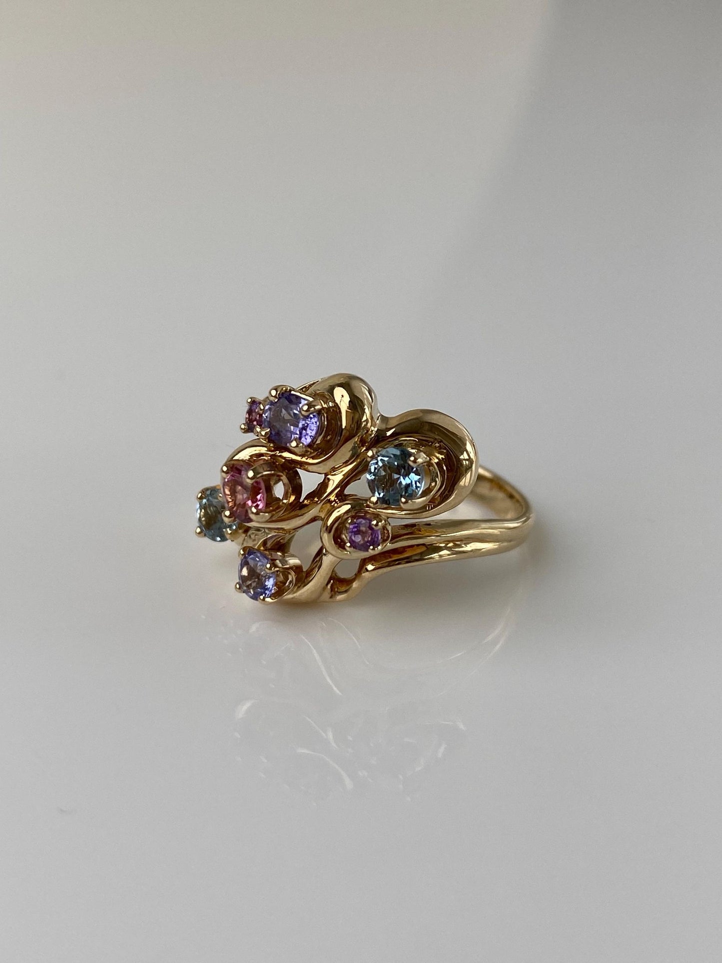Vintage Solid 14k Yellow Gold Aquamarine Amethyst Pink Quartz Tanzanite Ring - Size 4.5