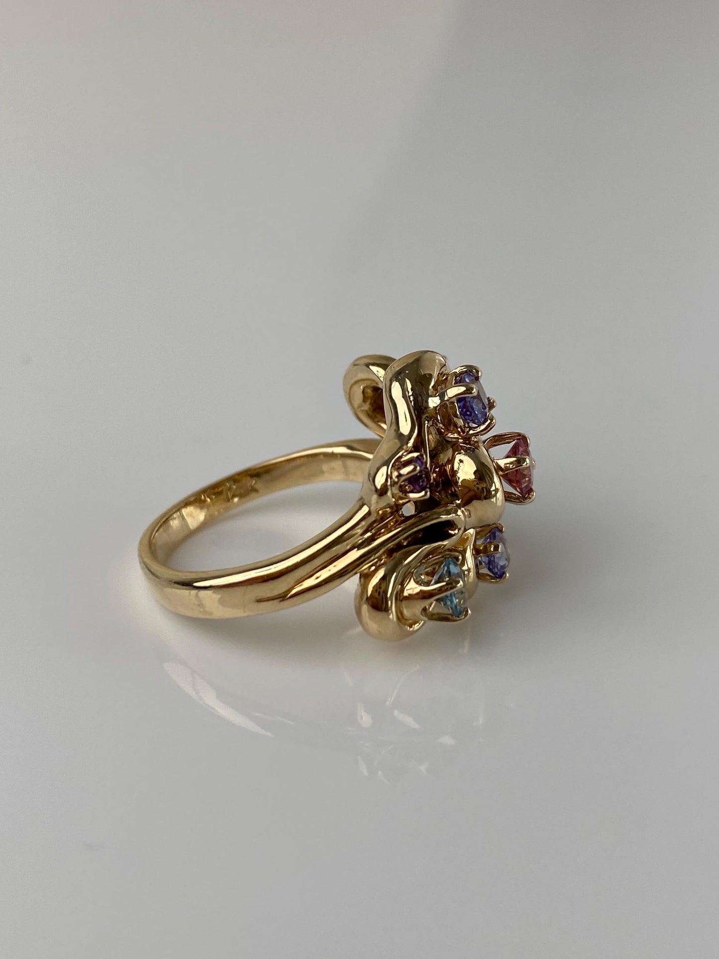 Vintage Solid 14k Yellow Gold Aquamarine Amethyst Pink Quartz Tanzanite Ring - Size 4.5