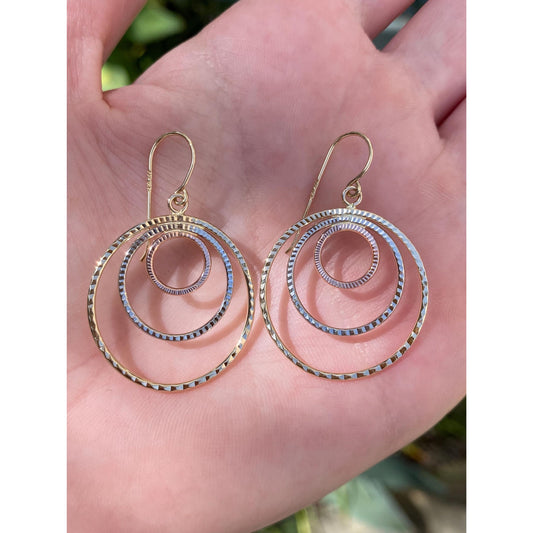 Vintage Solid 14k Tri Tone Gold Circle Dangle Earrings
